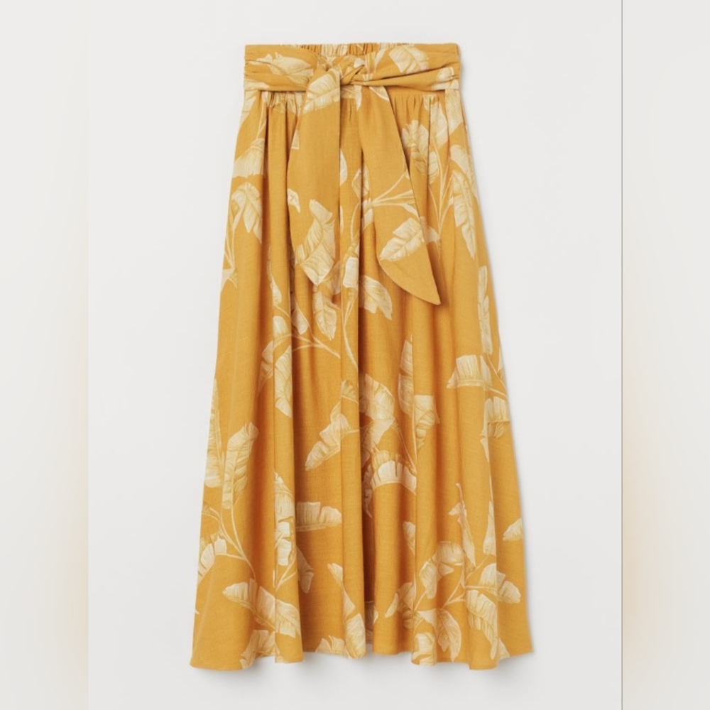 Dark Yellow Linen Blend Leaf Patterned Skirt - image 2